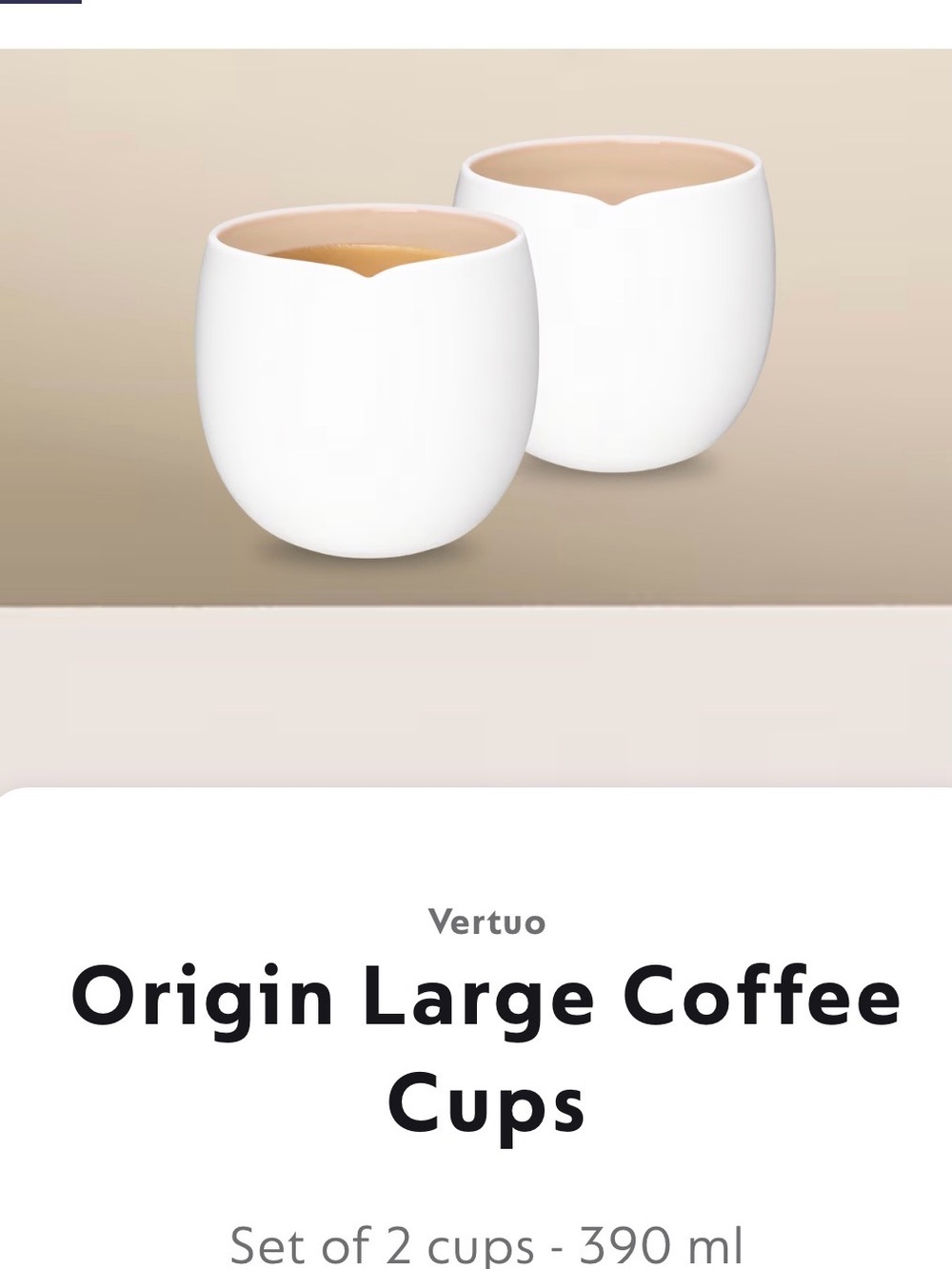 Nespresso Origin Large Coffee Cups Set of 2 cups - 390 ml BNIB Origin Collection